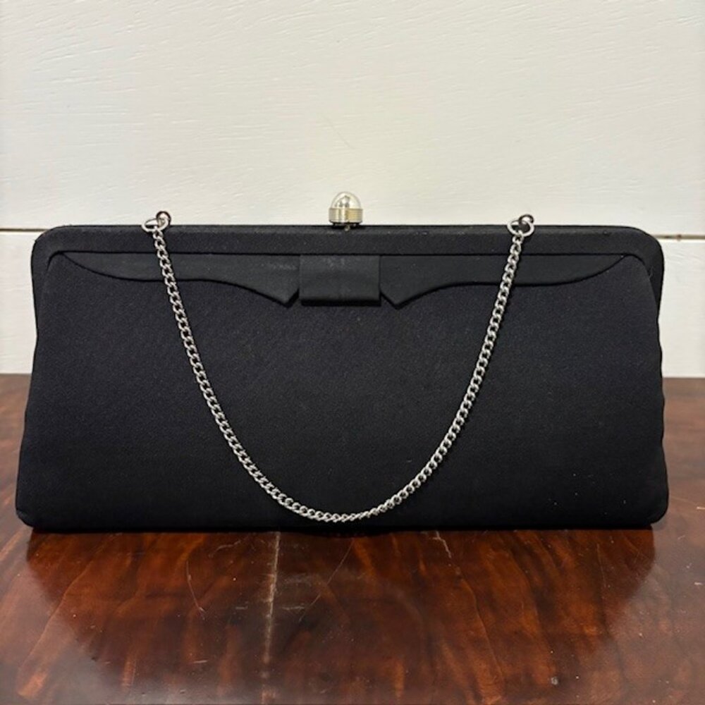 Vintage Black Evening Clutch Handbag Purse w/Silver Chain
